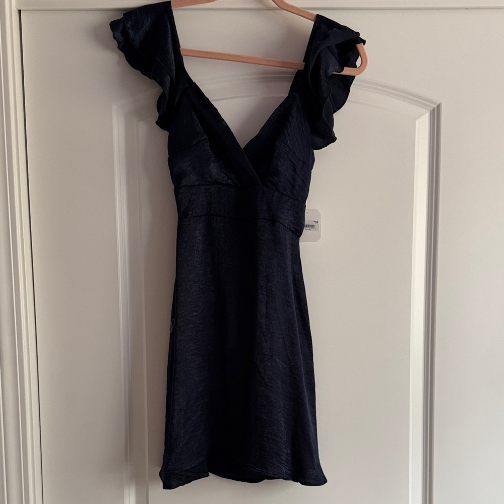 Altar'd State Navy Ruffle-Shoulder V-Neck Mini Dress